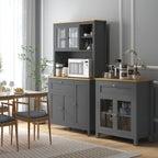 Armoire de cuisine buffet cuisine 5 portes dont 2 portes vitrées et 1 tiroir, 1 niche centrale - hauteur 180 cm gris