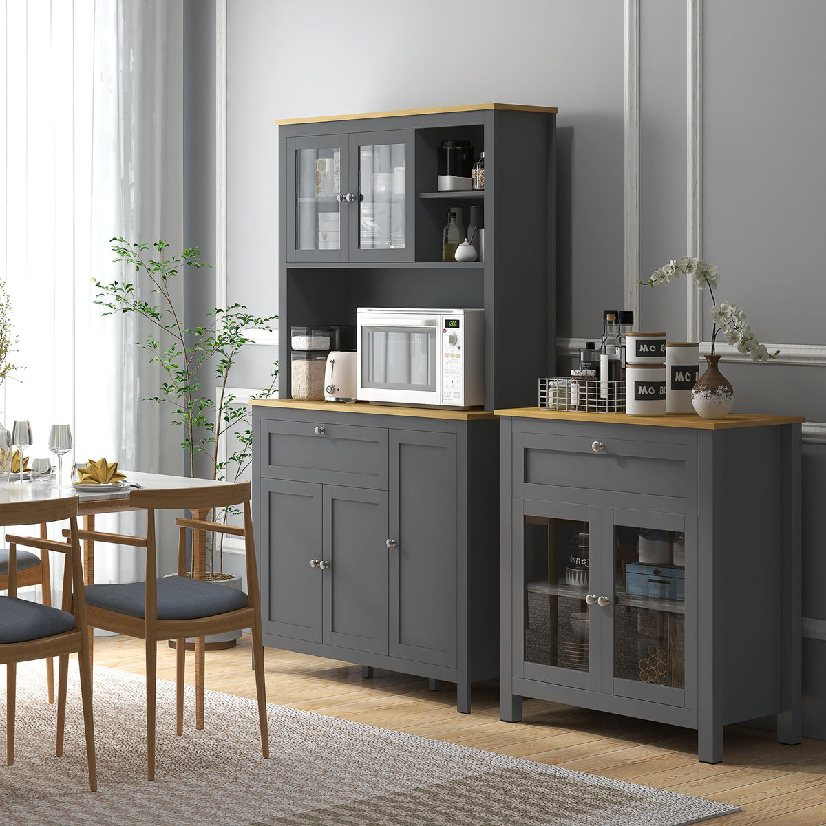 Armoire de cuisine buffet cuisine 5 portes dont 2 portes vitrées et 1 tiroir, 1 niche centrale - hauteur 180 cm gris
