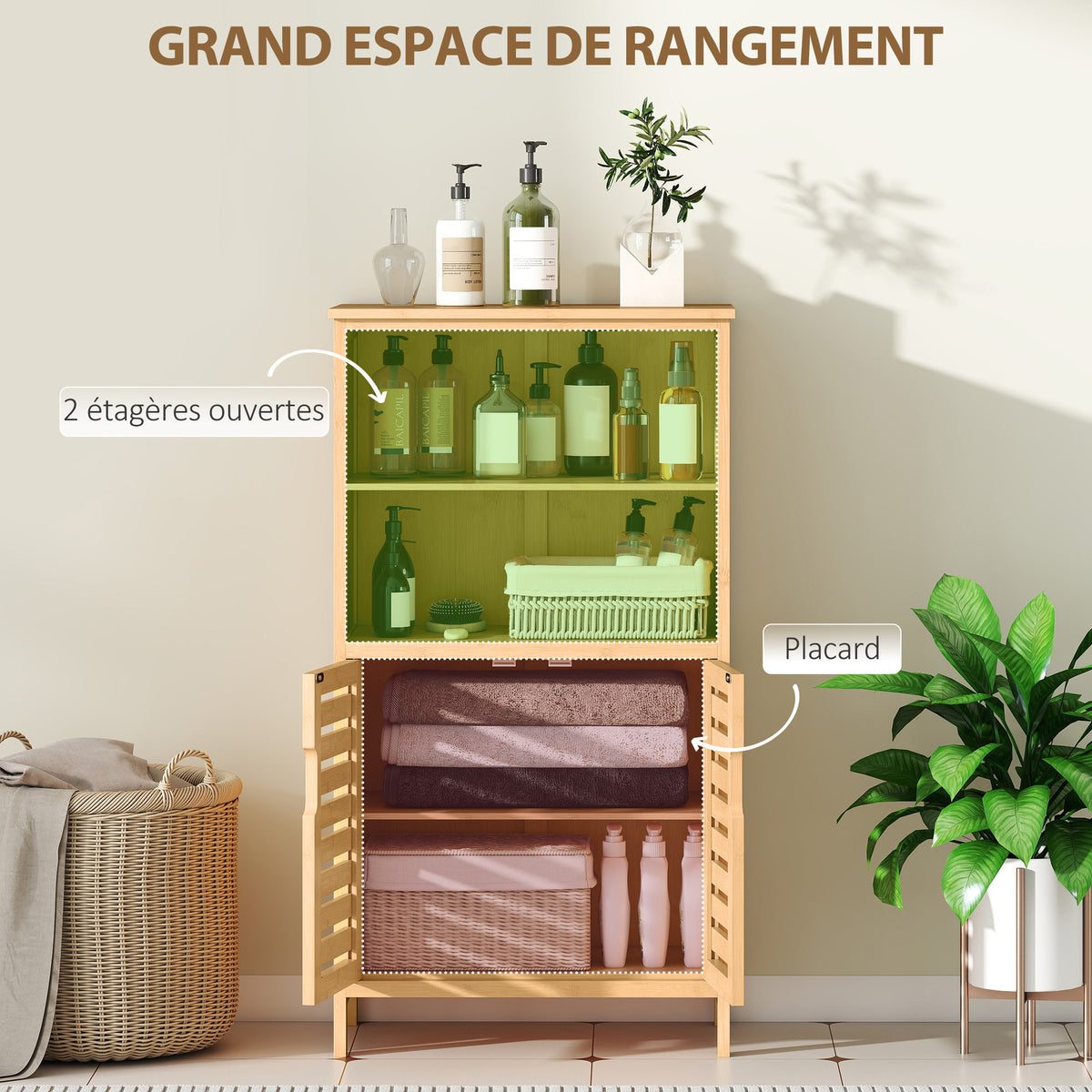 Meuble de rangement salle de bain en bambou avec 2 portes ajourées et 2 compartiments 50 x 29 x 92 cm naturel