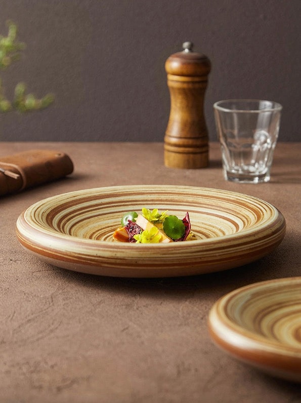 Assiette Grès Spirale Artisanale – Plat Creux Rond pour Pâtes & Salades