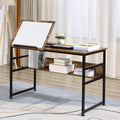 Bureau informatique design industriel - plateau relevable, étagère - panneaux particules aspect vieux bois métal noir