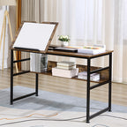 Bureau informatique design industriel - plateau relevable, étagère - panneaux particules aspect vieux bois métal noir