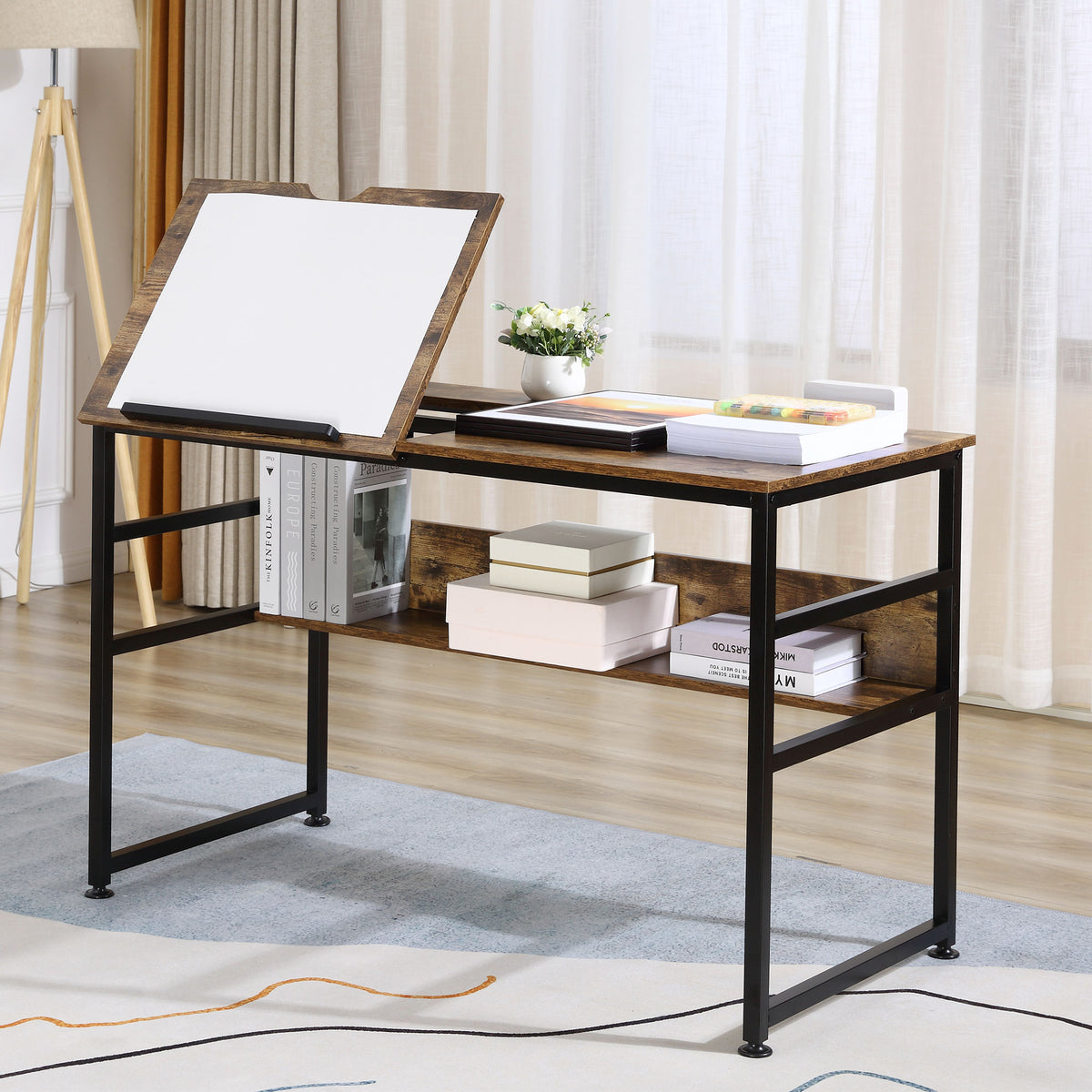 Bureau informatique design industriel - plateau relevable, étagère - panneaux particules aspect vieux bois métal noir