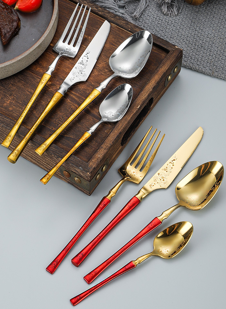 Couverts Inox 304 Finition Or Miroir – Manches Colorés & Gravure Florale | Luxe & Élégance
