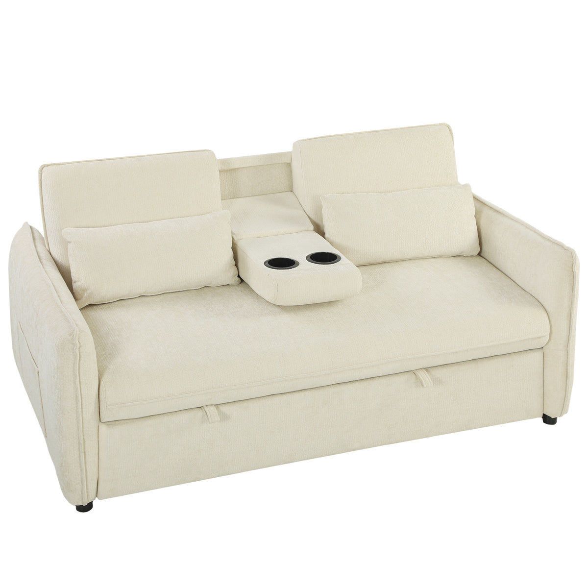 Canapé convertible 2 places 3 en 1, canapé-lit clic clac en chenille avec dossier réglable, porte-gobelets, beige