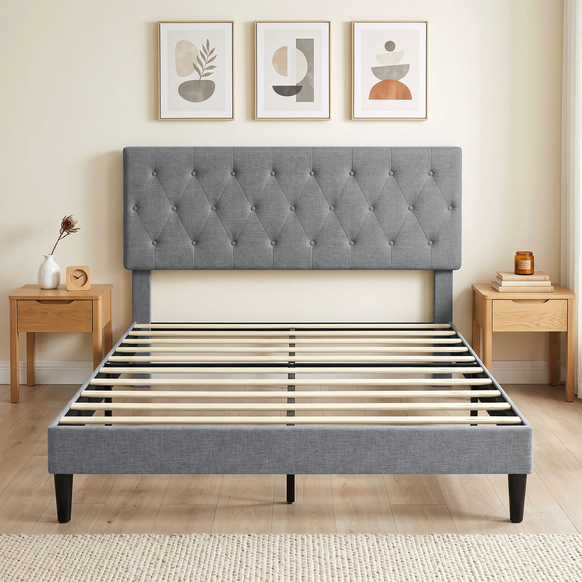 Cadre de Lit 140 x 190 cm avec Sommier, Lit Double Rembourré en Lin, Tête Capitonnée, Support à 10 Lattes, Gris