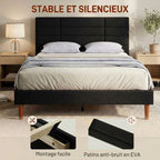 Cadre de Lit 140 x 200 cm avec Sommier Bois, Lit Double Rembourré en Effet Lin, Rangement au-dessous, Sans Bruit, Noir