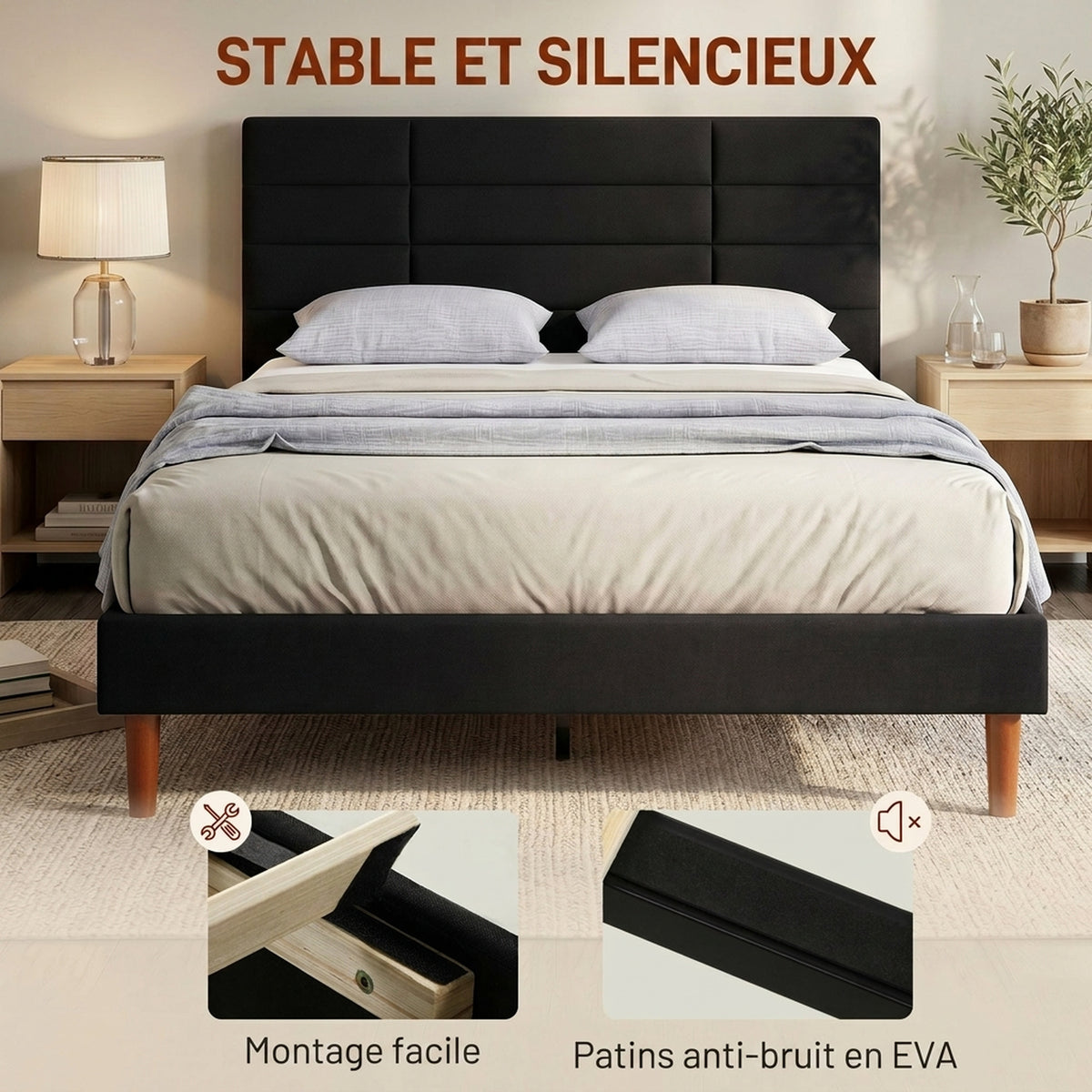 Cadre de Lit 140 x 200 cm avec Sommier Bois, Lit Double Rembourré en Effet Lin, Rangement au-dessous, Sans Bruit, Noir