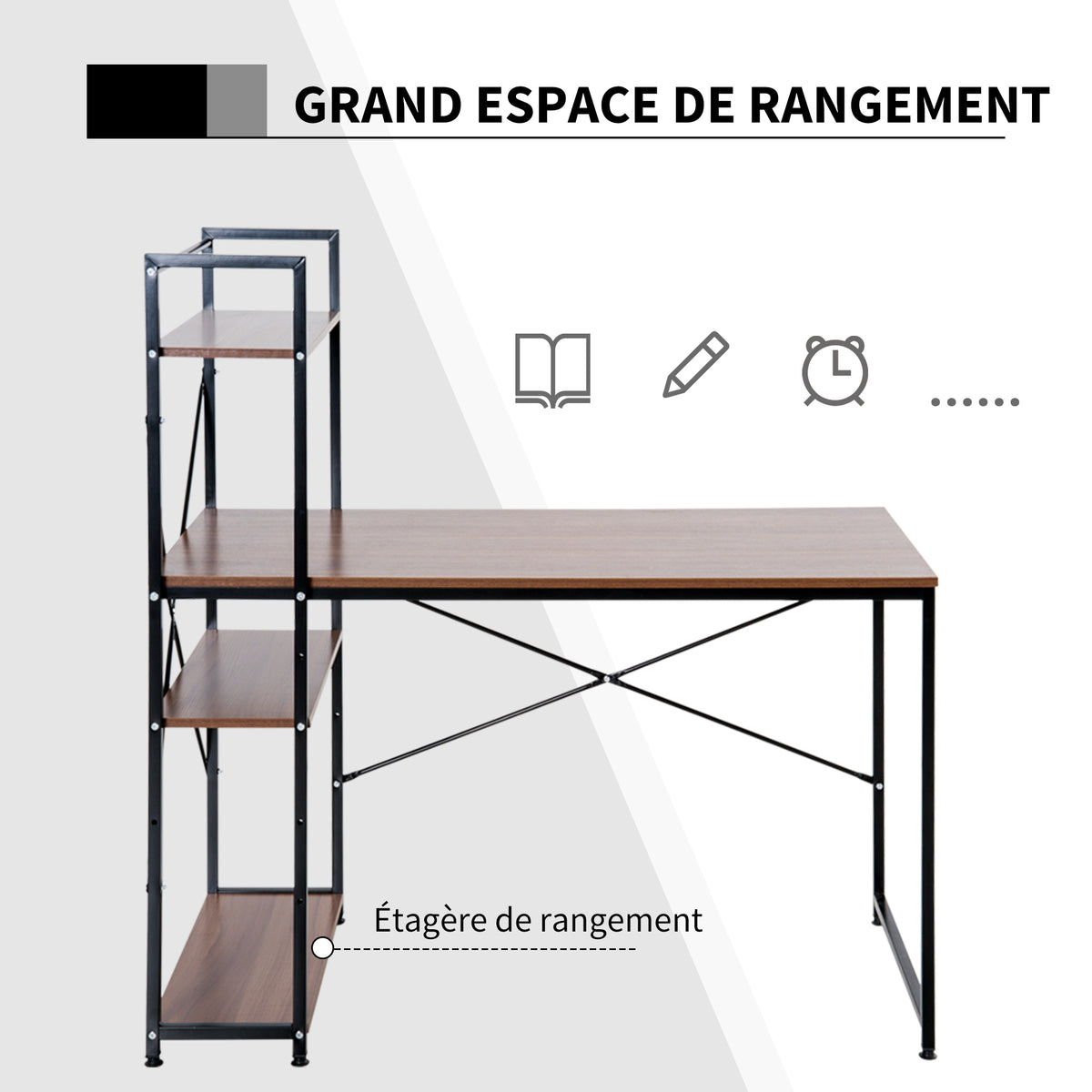 Bureau d'angle avec rangement design Industriel avec bibliothèque 3 étagères panneaux particules aspect noyer