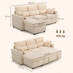 Canapé d'angle convertible en velours côtelé, canapé-lit 3 places avec rangement caché, coussins, 205x135x76cm, beige
