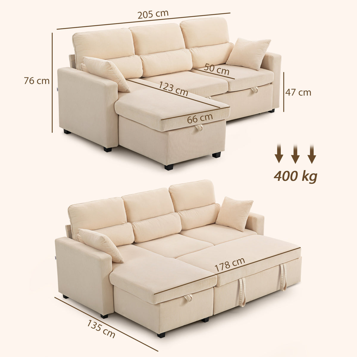 Canapé d'angle convertible en velours côtelé, canapé-lit 3 places avec rangement caché, coussins, 205x135x76cm, beige