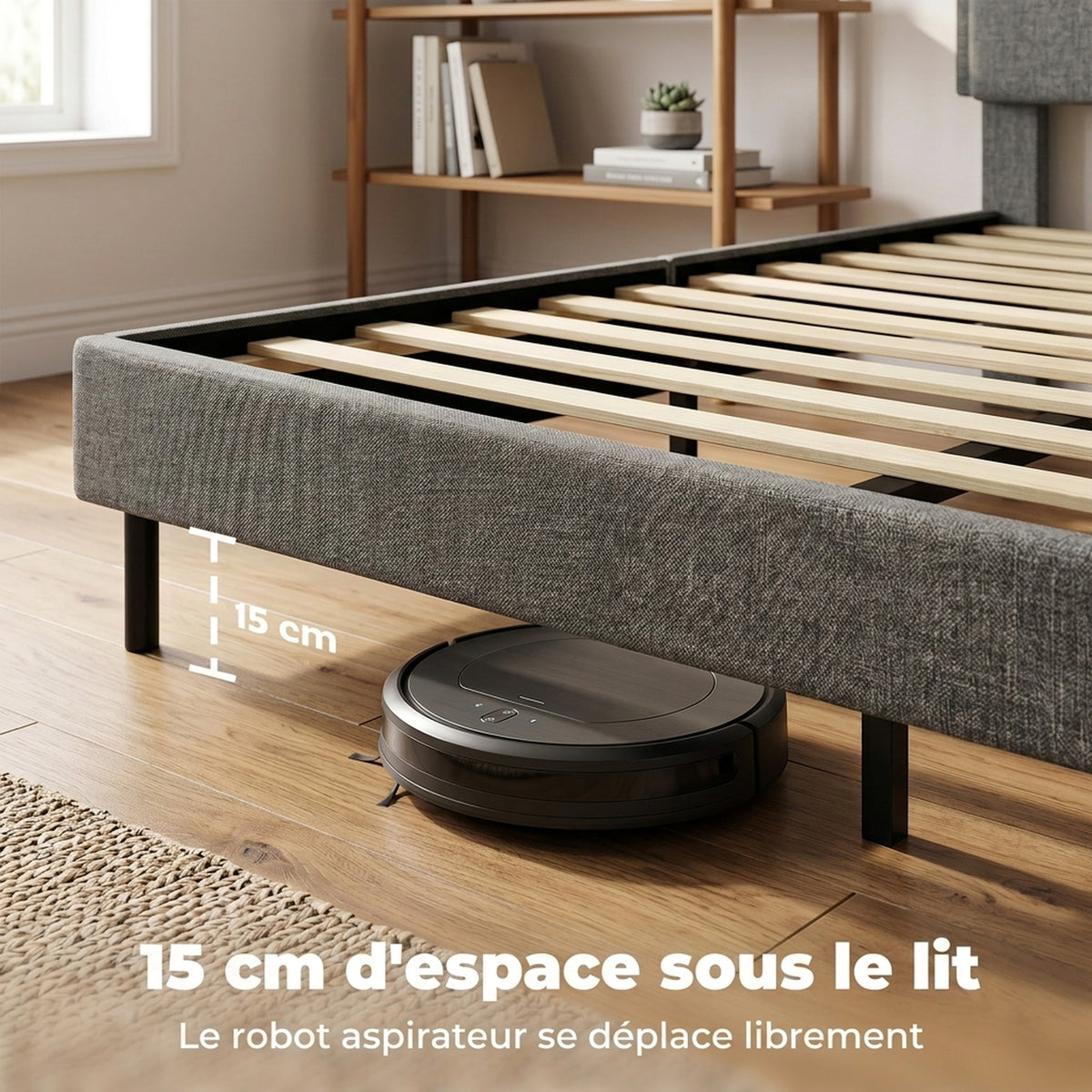 Cadre de Lit 140 x 190 cm avec Sommier et Tête Réglable, Lit Double Rembourré en Lin, Rangement au-dessous, Gris