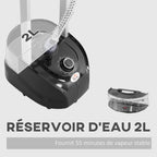 Défroisseur vapeur vertical 1950 W 32g/min, réservoir d'eau 2 L, tige télescopique, 11 températures réglables, noir