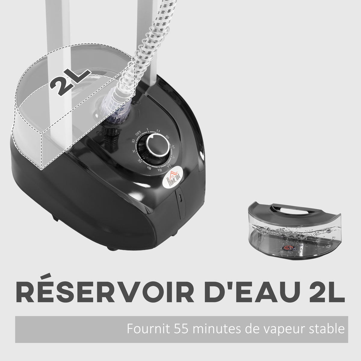 Défroisseur vapeur vertical 1950 W 32g/min, réservoir d'eau 2 L, tige télescopique, 11 températures réglables, noir