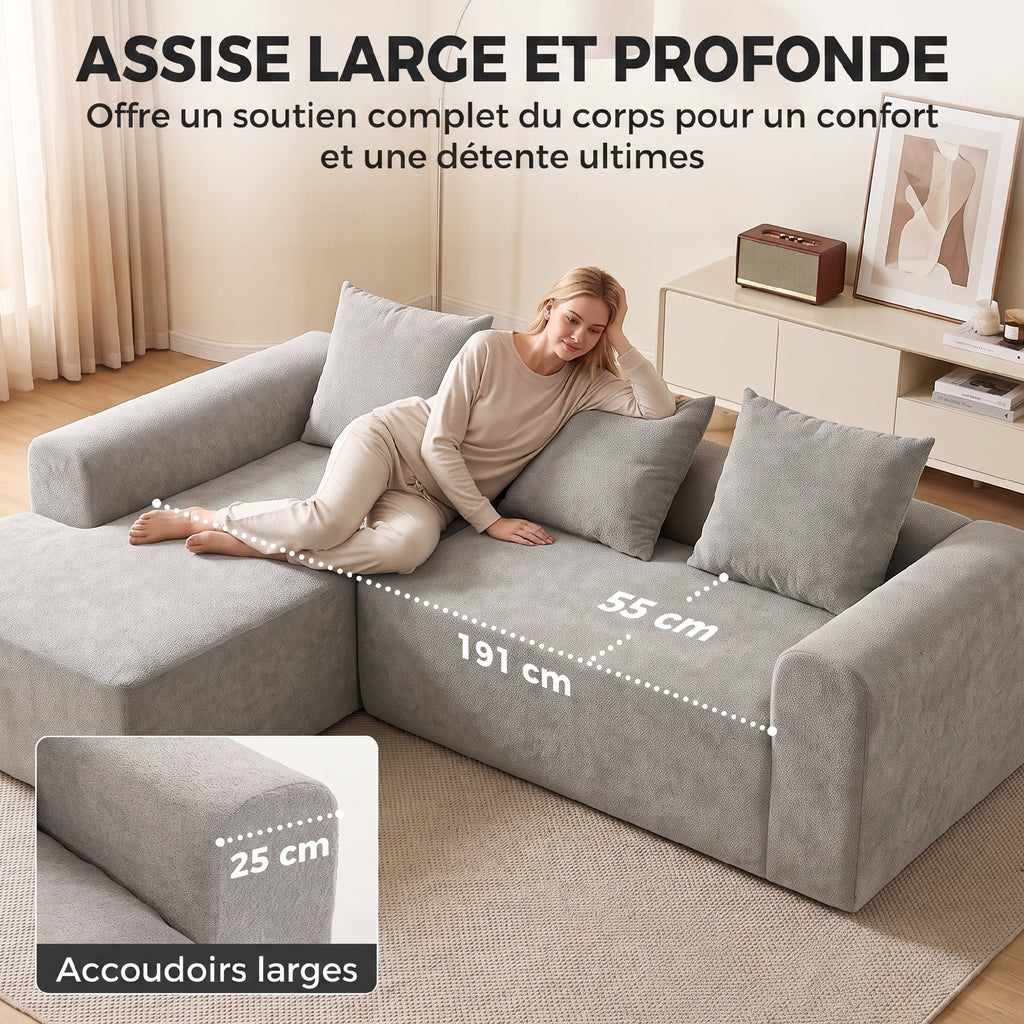Canapé d'Angle en Chenille, Canapé 3 Places en L 242 cm avec Méridienne, Assise Profonde, Accoudoirs Larges, Gris Clair