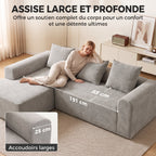 Canapé d'Angle en Chenille, Canapé 3 Places en L 242 cm avec Méridienne, Assise Profonde, Accoudoirs Larges, Gris Clair