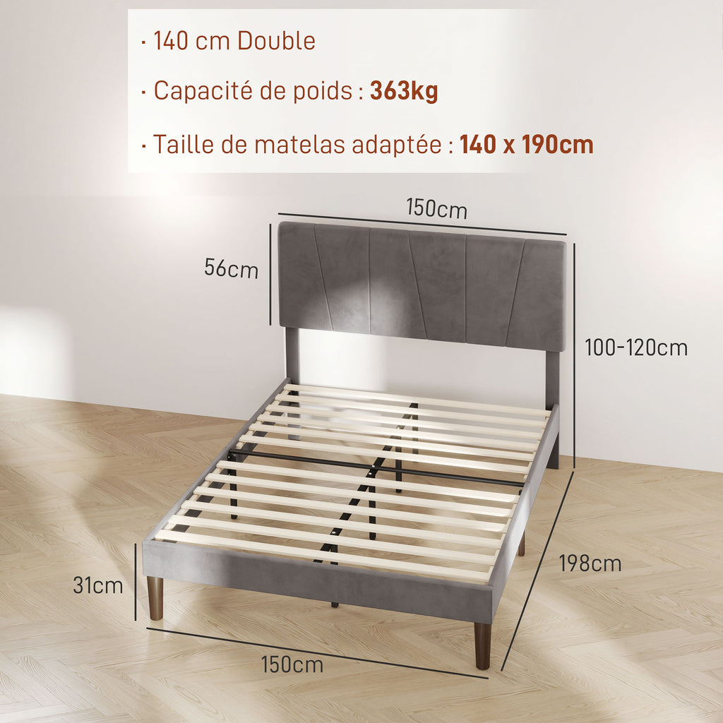 Cadre de lit double 140 x 190 cm lit 2 personnes tête de lit réglable sommier 150 x 198 x 100/105/110/115/120 cm gris