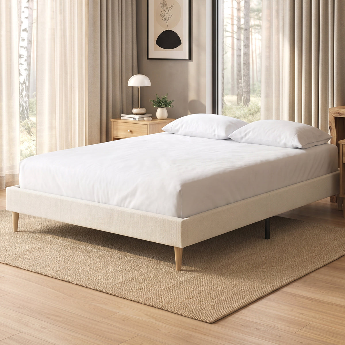 Cadre de Lit 140 x 190 cm avec Sommier, Lit Double Rembourré en Velours Côtelé, Espace de Rangement Au-Dessous, Crème