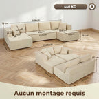 Canapé Modulaire en U Compressé 337 cm, Canapé Convertible 4 places en Velours Côtelé, Assise Large, Crème