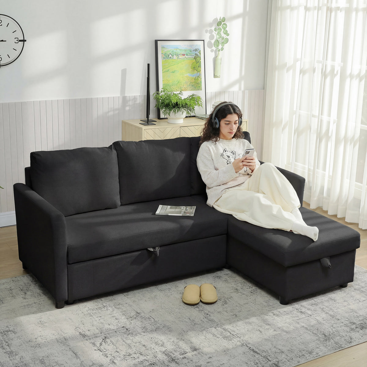 Canapé d'Angle Convertible, Canapé-Lit 3 Places 192 cm avec Méridienne Réversible, Rangement Caché, Gris Anthracite