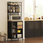 Buffet, armoire de cuisine, plan de travail, porte coulissante, tiroirs et étagères ouvertes, 60x40x180cm, bois naturel