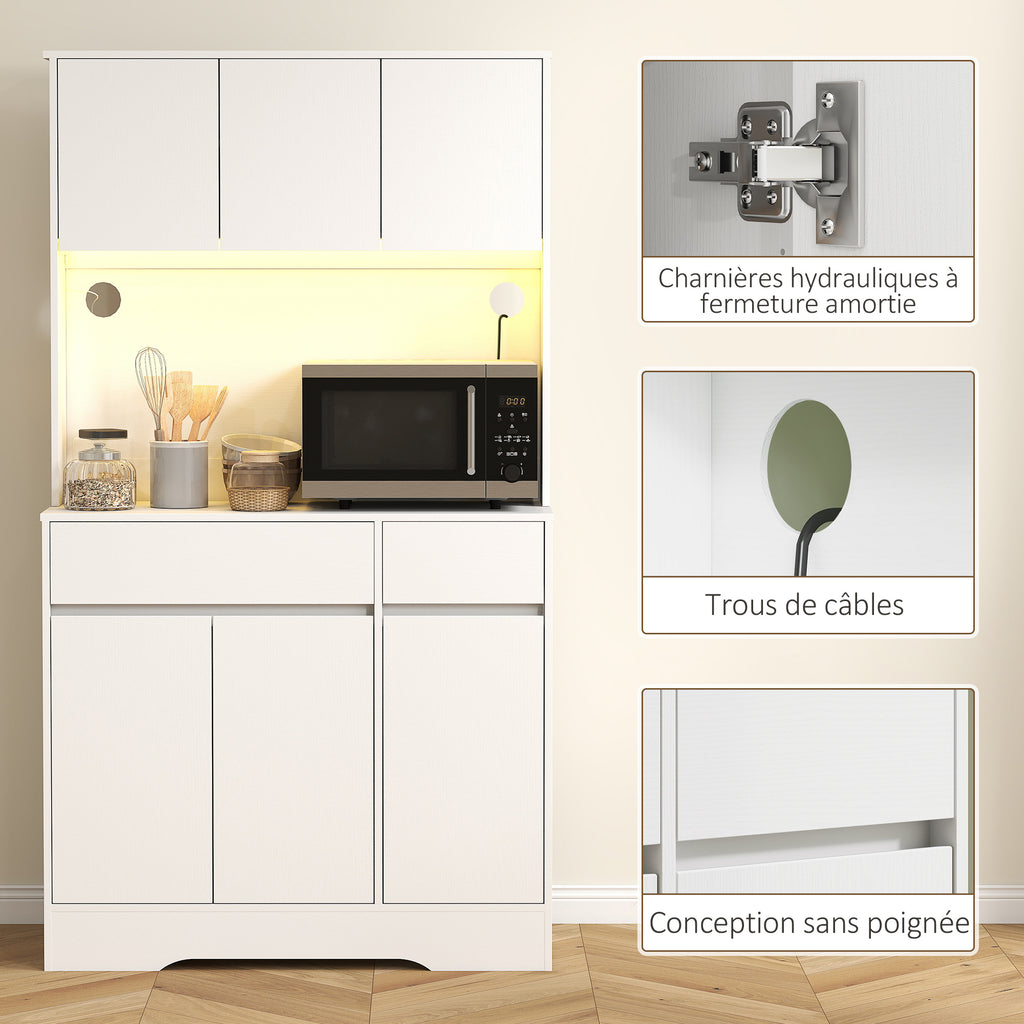 Buffet cuisine meuble cuisine rangement haut avec lumière LED RGB, plan de travail, 6 portes, 2 tiroirs, blanc