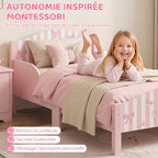 Lit Enfant 70 x 140 cm, Lit pour Enfant avec Barrière de Sécurité et Sommier à Lattes en Bois, Motif Nœud, Rose