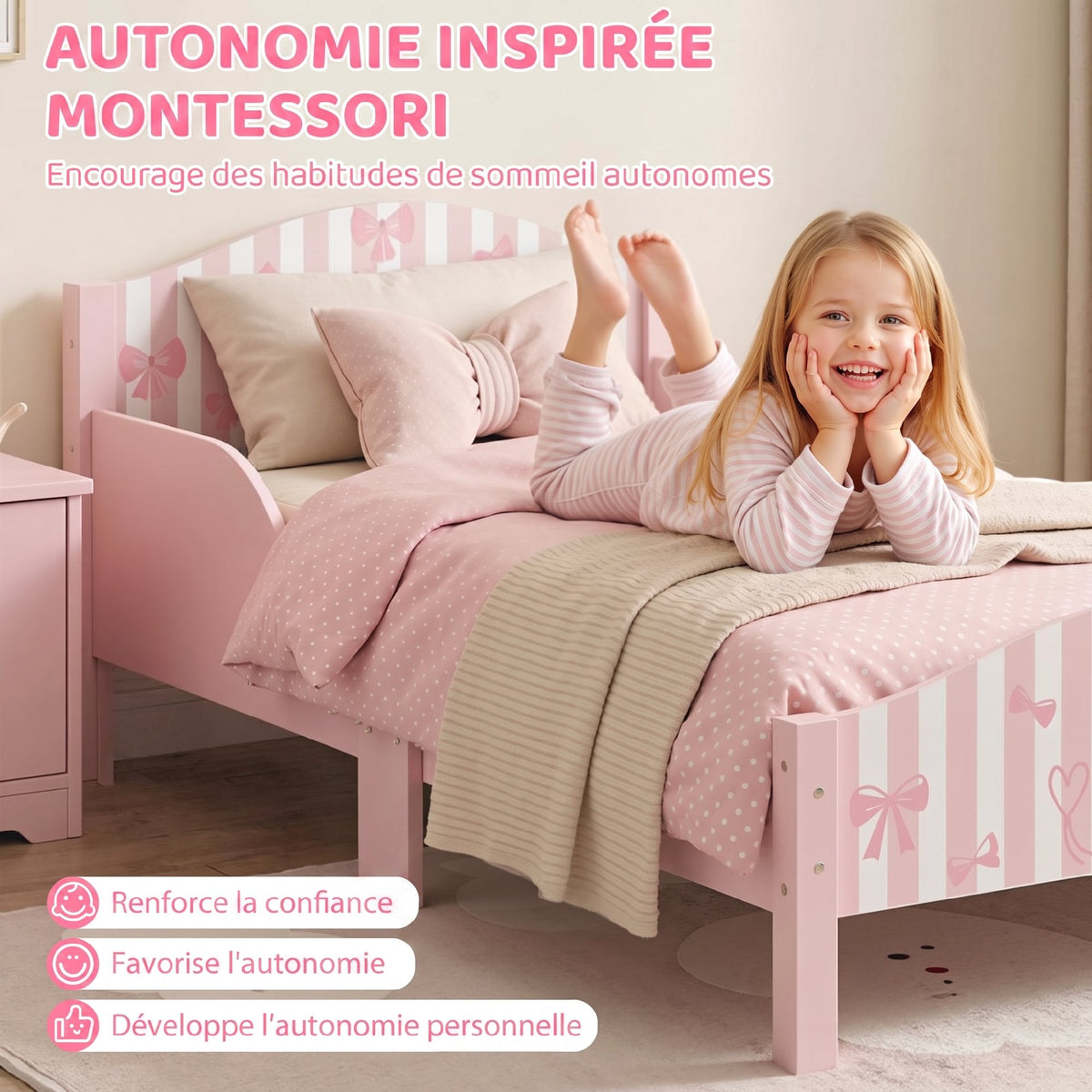 Lit Enfant 70 x 140 cm, Lit pour Enfant avec Barrière de Sécurité et Sommier à Lattes en Bois, Motif Nœud, Rose