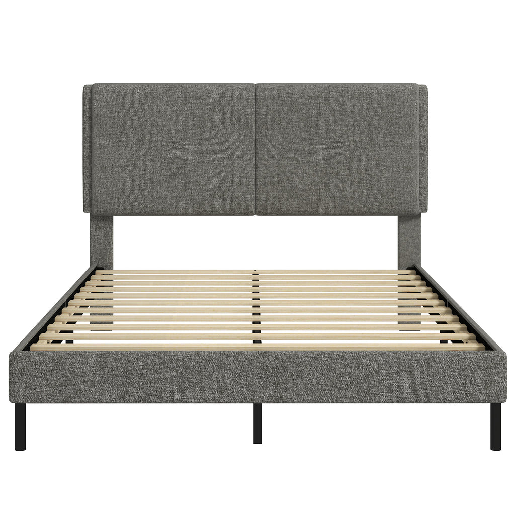 Cadre de Lit 140 x 190 cm avec Sommier et Tête Réglable, Lit Double Rembourré en Lin, Rangement au-dessous, Gris