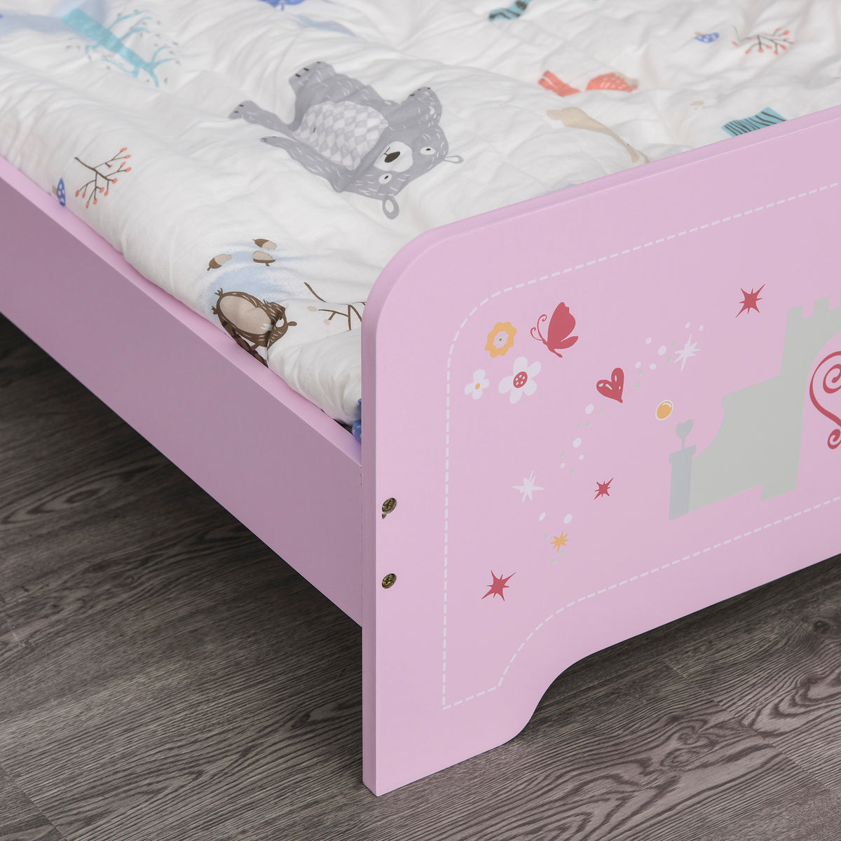Lit Enfant 140 x 70 cm - lit d'enfant Design Princesse Motif château - sommier à Lattes Inclus - MDF Contre-plaqué Rose