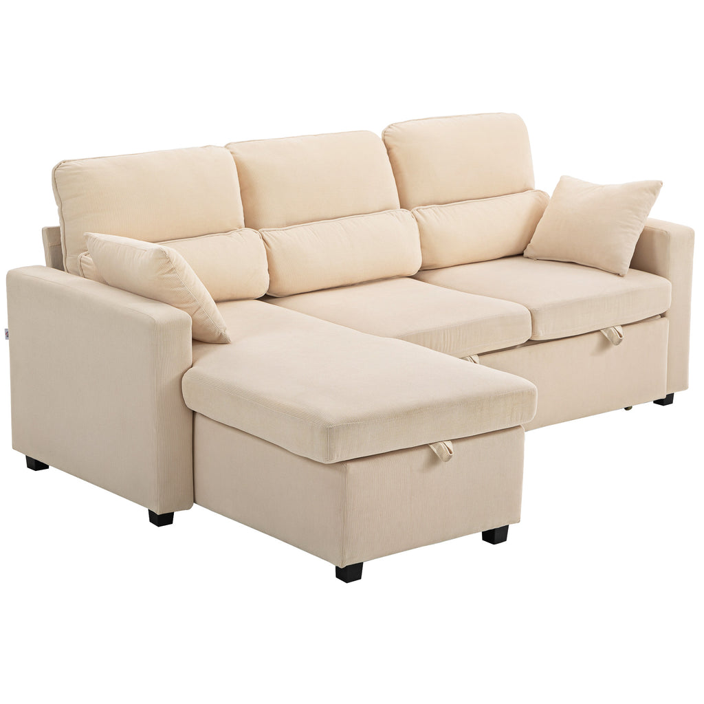Canapé d'angle convertible en velours côtelé, canapé-lit 3 places avec rangement caché, coussins, 205x135x76cm, beige