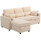 Canapé d'angle convertible en velours côtelé, canapé-lit 3 places avec rangement caché, coussins, 205x135x76cm, beige