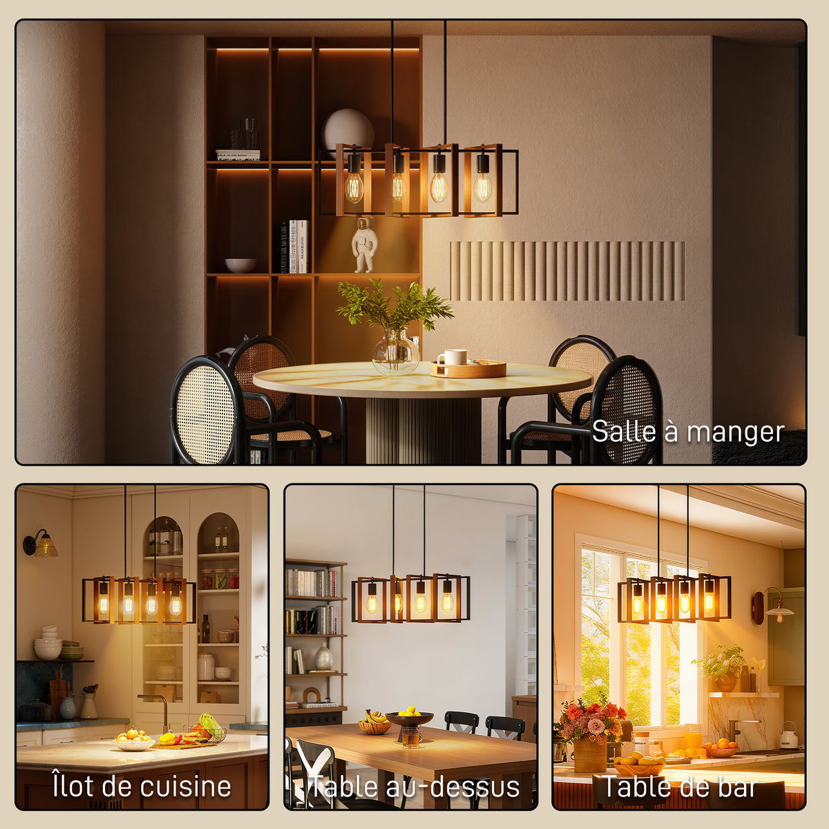 Suspension luminaire moderne, lustre plafonnier avec 4 cadres rotatifs et hauteur réglable, 80 x 21 x 90-130 cm, noyer