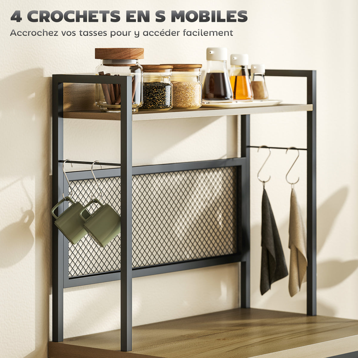 Armoire de cuisine style industriel avec 3 tiroirs, plan de travail, étagère et 4 crochets, 60x40x132cm