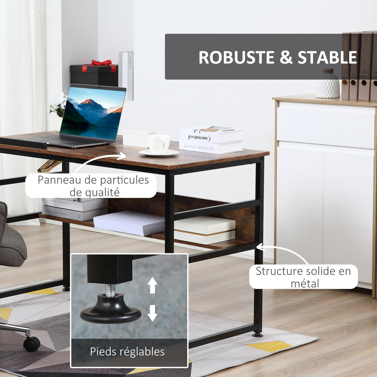 Bureau informatique design industriel - plateau relevable, étagère - panneaux particules aspect vieux bois métal noir