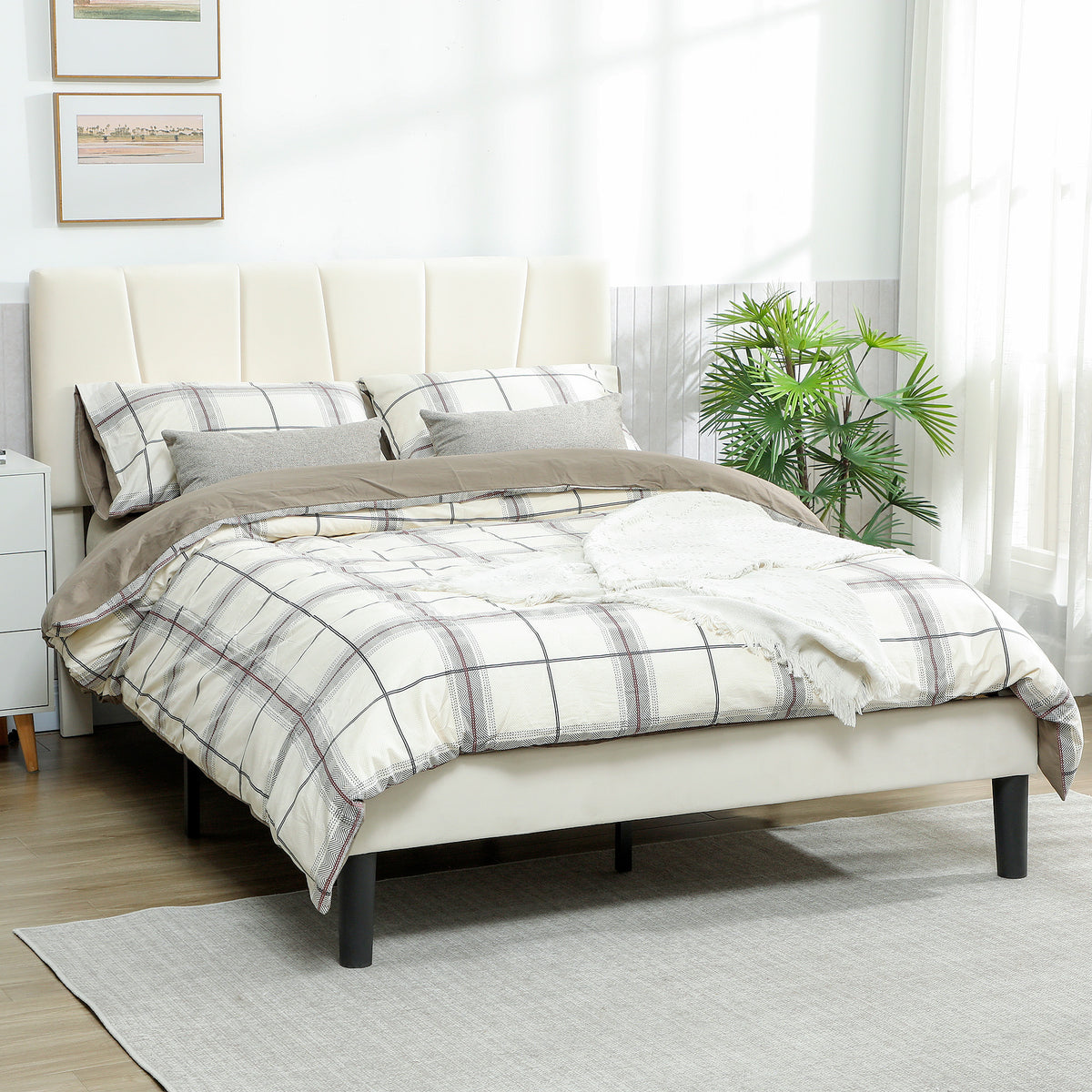 Cadre de lit double 140 x 190 cm lit 2 personnes tête de lit réglable sommier 150 x 198 x 101/106/111/116/121 cm crème