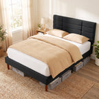 Cadre de Lit 140 x 200 cm avec Sommier Bois, Lit Double Rembourré en Effet Lin, Rangement au-dessous, Sans Bruit, Noir