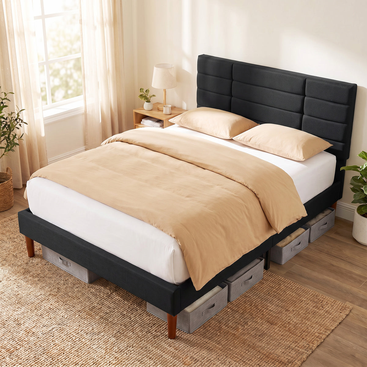 Cadre de Lit 140 x 200 cm avec Sommier Bois, Lit Double Rembourré en Effet Lin, Rangement au-dessous, Sans Bruit, Noir