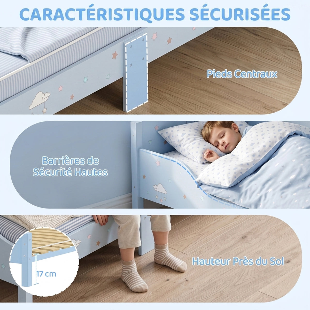 Lit Enfant 70 x 140 cm, Lit pour Enfant avec Barrière de Sécurité et Sommier à Lattes en Bois, Motif Nuage, Bleu