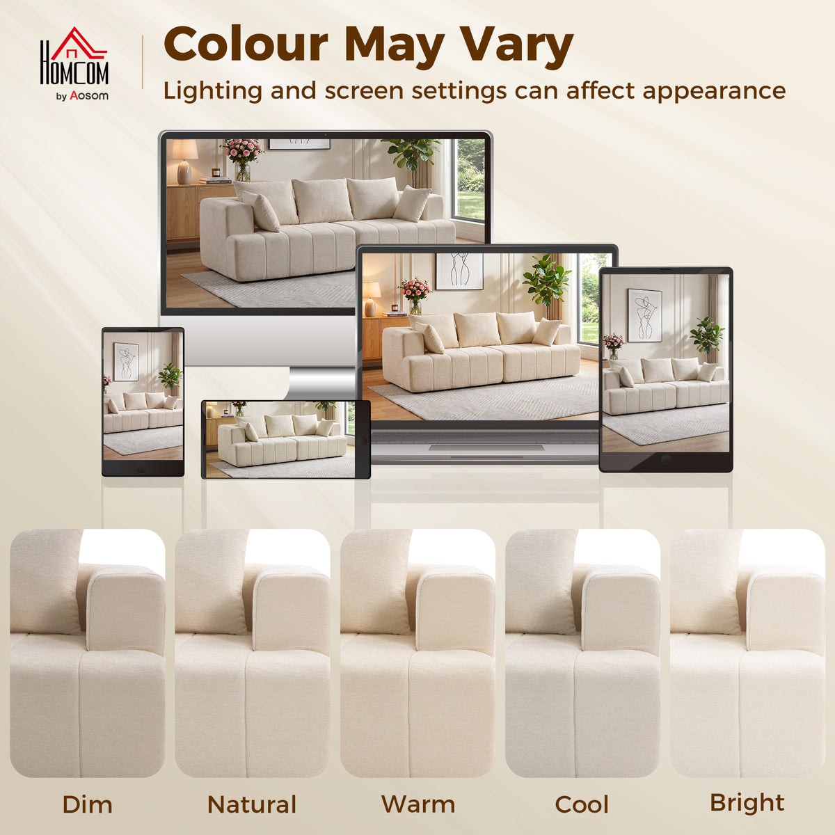 Canapé 3 places en chenille 248 cm, canapé salon moderne, large assise rembourrée, coussins à ressorts, beige