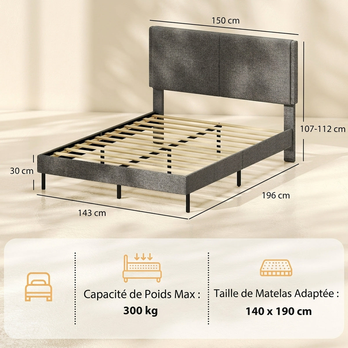 Cadre de Lit 140 x 190 cm avec Sommier et Tête Réglable, Lit Double Rembourré en Lin, Rangement au-dessous, Gris