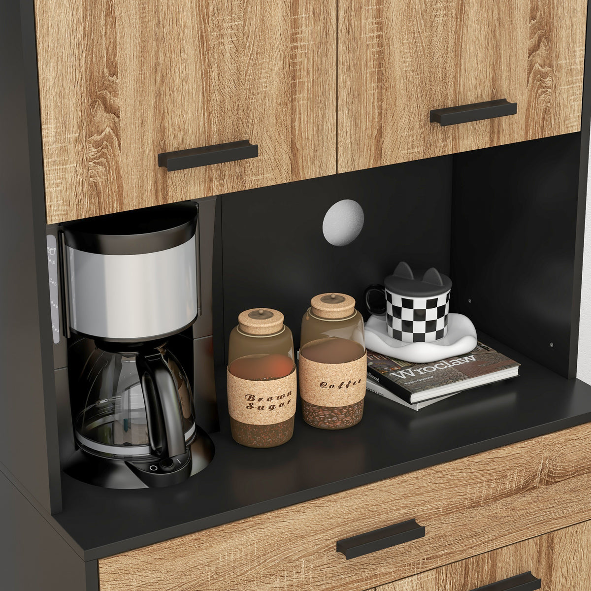 Armoire de cuisine Buffet meuble de rangement, 2 placards 4 portes 1 tiroir, passe-câbles 80L x 40P x 180H cm