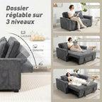 Canapé convertible 2 places, canapé-lit clic-clac en chenille, dossier réglable, 2 coussins, poche latérale, gris