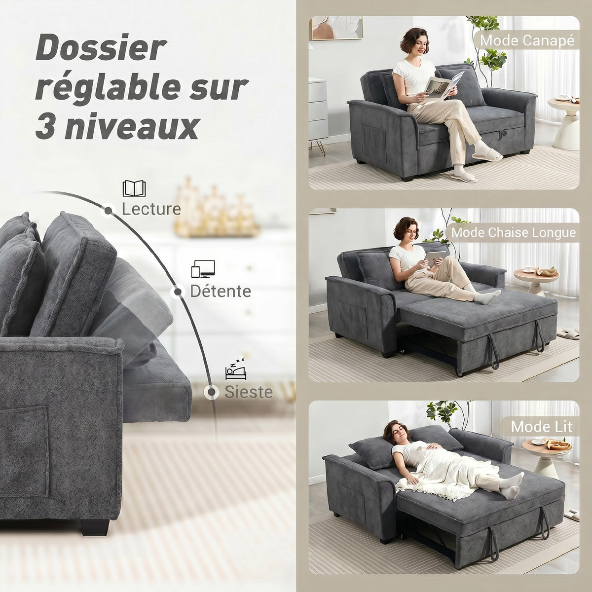 Canapé convertible 2 places, canapé-lit clic-clac en chenille, dossier réglable, 2 coussins, poche latérale, gris