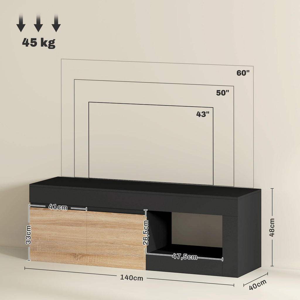 Meuble TV 2 portes pour téléviseurs jusqu'à 60 pouces, meuble télé avec placard et étagère ouverte, noir