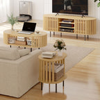Meuble TV, meuble télé pour téléviseur 60 pouces, 2 portes à lattes, 140x40x52cm, bois naturel