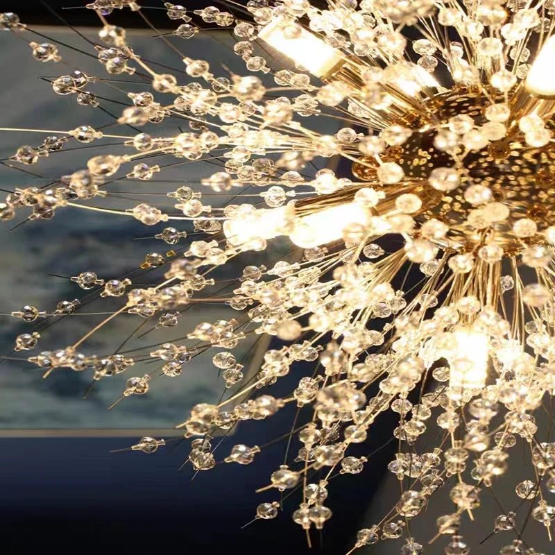 Lustre Cristal Pissenlit LED – Pendentif Boule de Feu Étoilée | Chrome & Or | 110V/220V