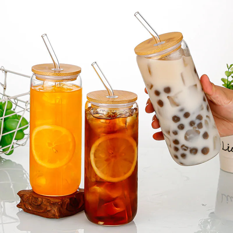 Tasse en Verre 550ml avec Couvercle Bois et Paille - Gobelet Transparent Polyvalent