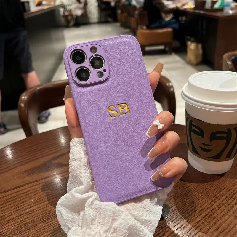 Custom iPhone Case in PU Leather — Personalized Initials & Name, Luxury Gift