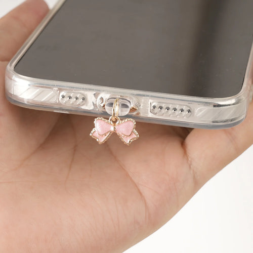 Bouchon Anti-Poussière Décoratif Arc Rose & Blanc — Compatible iPhone & USB-C, Cadeau Original